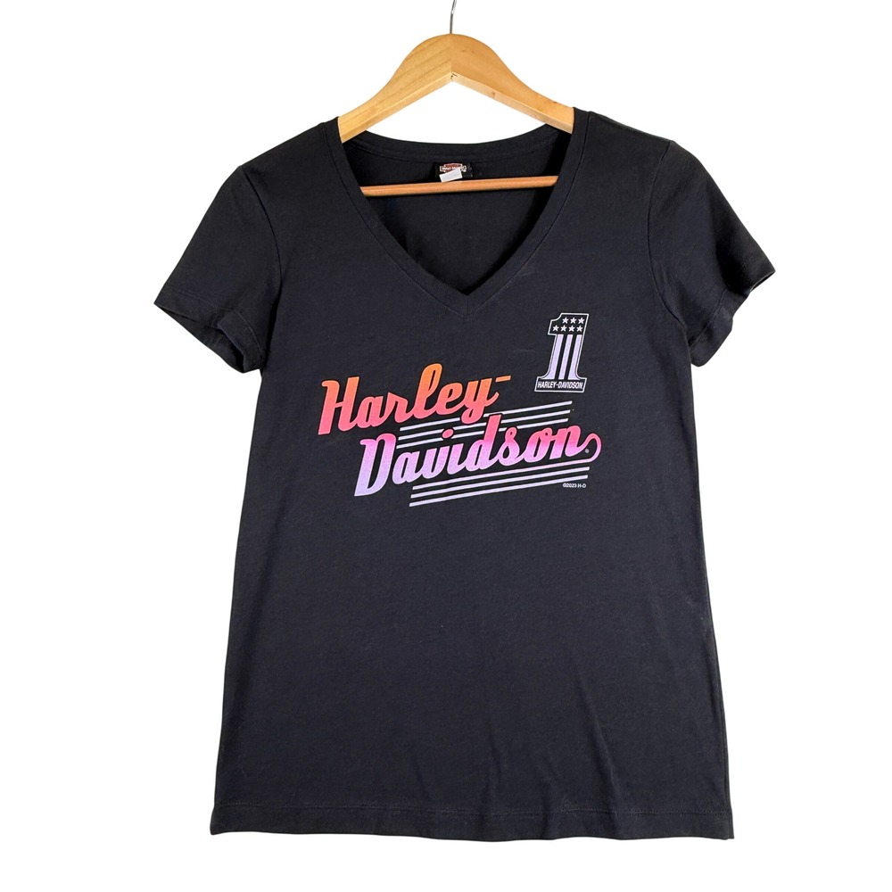 Harley-Davidson V-Neck Graphic T-Shirt Pink Purple Logo Black Womens Size XS